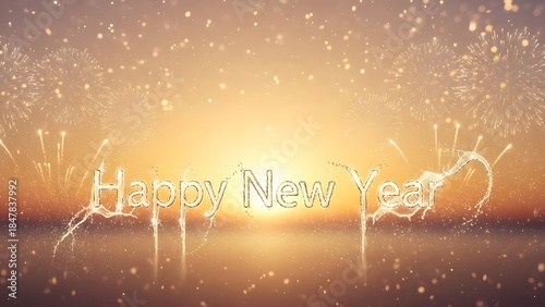 Radiant Happy New Year Visual with Sunset Horizon, Calm Waters, and Festive Fireworks