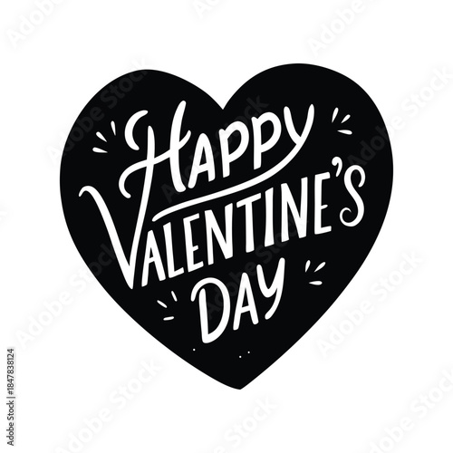 Happy Valentine's Day" hand-lettered message in a striking black heart shape, perfect for romantic greetings and loving celebrations