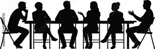 Team meeting silhouette, business discussion icon, editable vector clipart, isolated, black figures, collaboration, communication, decision-making