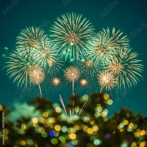 Vibrant Festival Fireworks Exploding in Symmetrical Patterns Over Silhouetted Trees