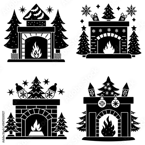 Four festive fireplace with Christmas trees and decorations on white background holiday
