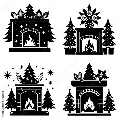 Christmas fireplace with festive decorations and pine trees on white background