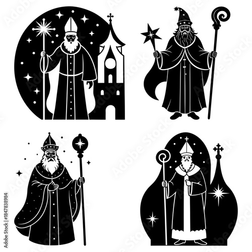 Three Wise Men Silhouettes with Stars and Church Background on White Background three kings