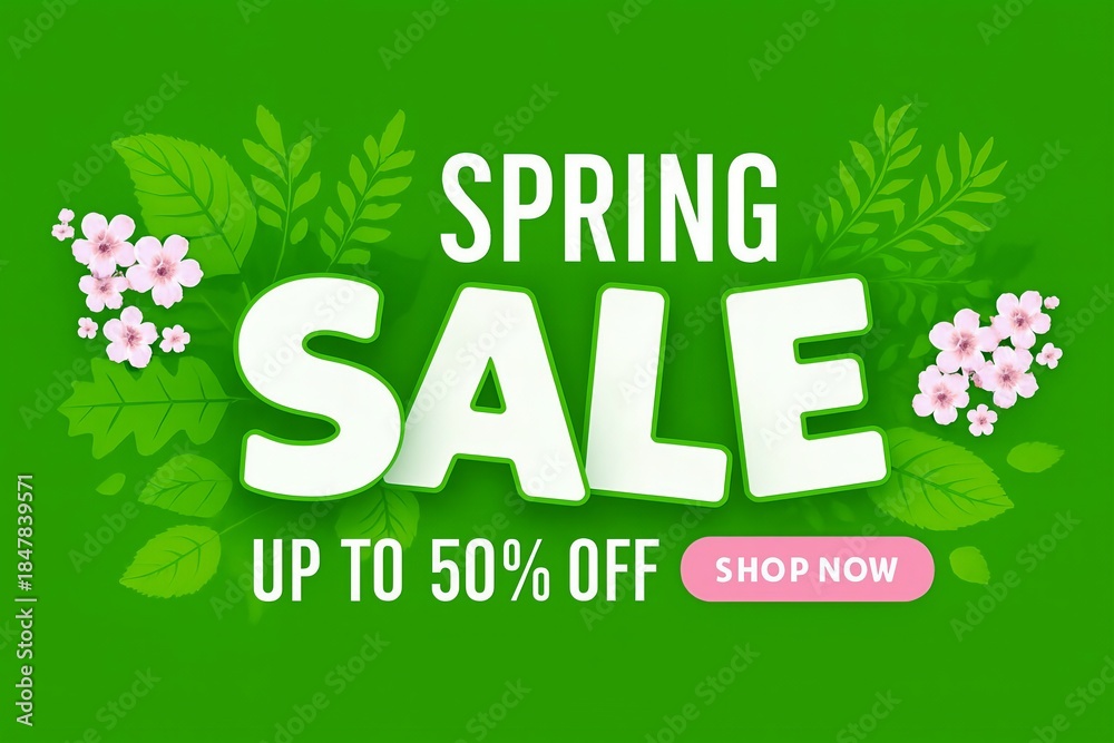 Fototapeta premium Vibrant green spring sale banner offering up to 50% off with floral elements