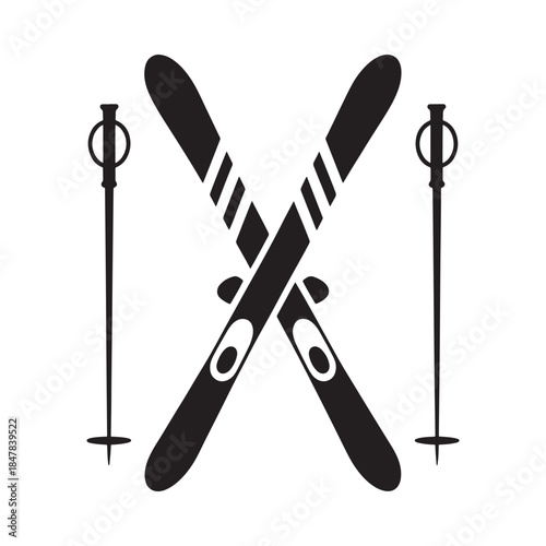 A black and white illustration of crossed skis with poles