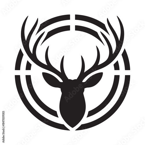 Stylized black and white emblem featuring a deer head within concentric circles