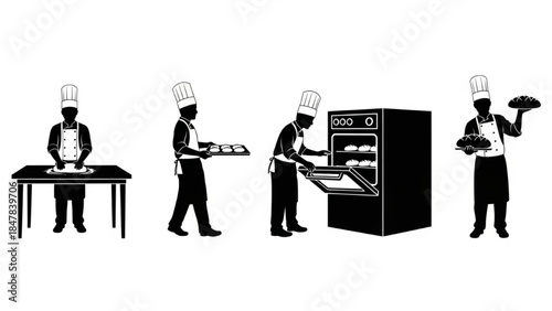 Black Silhouette Baker Vector Kneading Dough and Baking Bread