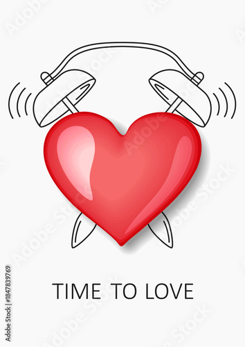 time to love.realistic pink heart and painted alarm clock. concept. vector illustration