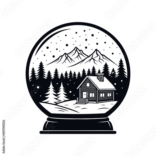 Snow Globe Village with Sleigh silhouette logo vector line art logo design