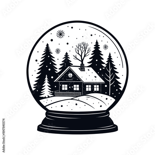 Snow Globe Village with Sleigh silhouette logo vector line art logo design
