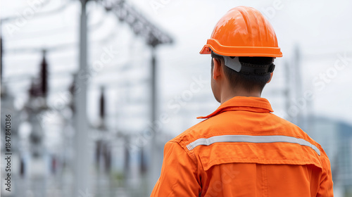 Fotografi Faceless engineer working at high voltage power substation, heavily defocused el