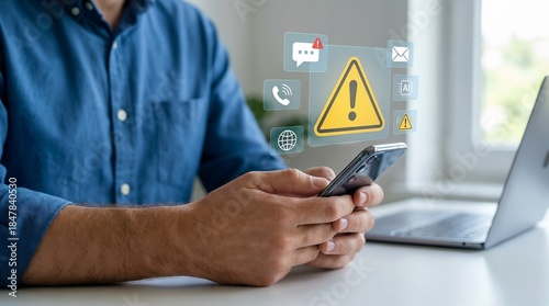 Close-up of hands holding a smartphone, large yellow triangular warning sign hologram projecting from screen, system error or security alert, communication icons, blurry laptop in background, urgent n