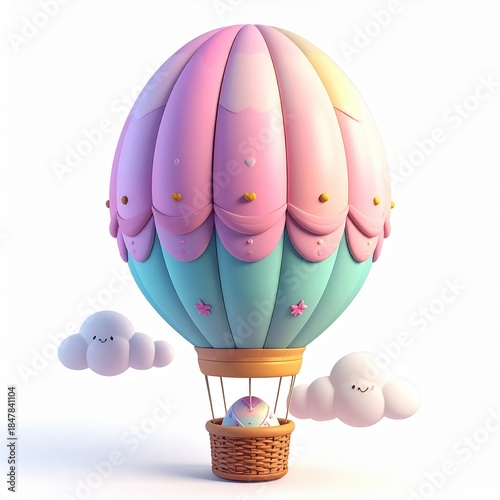 Colorful hot air balloon surrounded by fluffy clouds in a whimsical and playful design