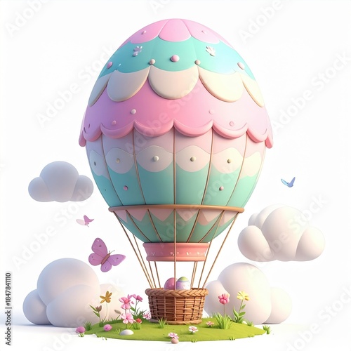 Colorful whimsical hot air balloon surrounded by clouds and flowers in a playful setting