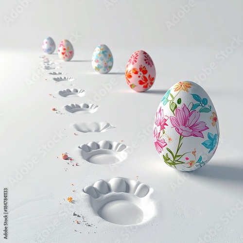 Colorful decorated eggs with floral designs and paw prints on a light surface