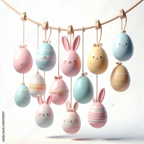 Colorful Easter eggs and bunny decorations hanging on a rope for festive celebration