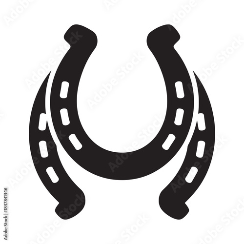 A simple black and white illustration of a classic horseshoe symbol