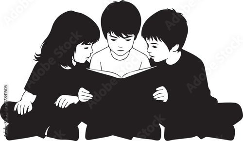 Three children sitting together reading a book