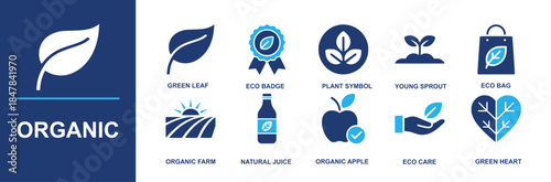 Organic icon set. Containing green leaf, eco badge, plant symbol, young sprout, eco bag, organic farm, natural juice, organic apple, eco care, green heart and more. Solid vector icons