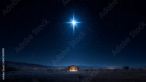 Nativity scene star desert night sky, blue star shines above manger