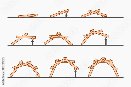 Leonardo Da Vinci self supporting bridge construction diagram. Educational engineering diagram explaining structural balance, force distribution, and historical architectural innovation. Vector. 