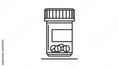 Simple line drawing of a pill bottle with pills inside, Generative AI.