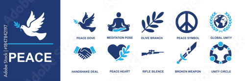 Peace icon set. Containing peace dove, meditation pose, olive branch, peace symbol, global unity, handshake deal, peace heart, rifle silence, broken weapon, unity circle and more. Solid vector icons
