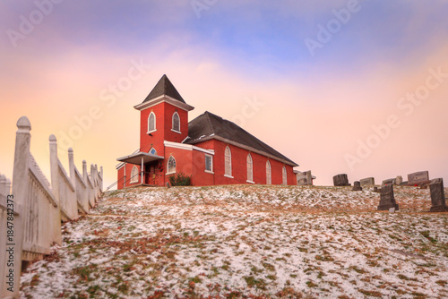 red brick country church on the hill