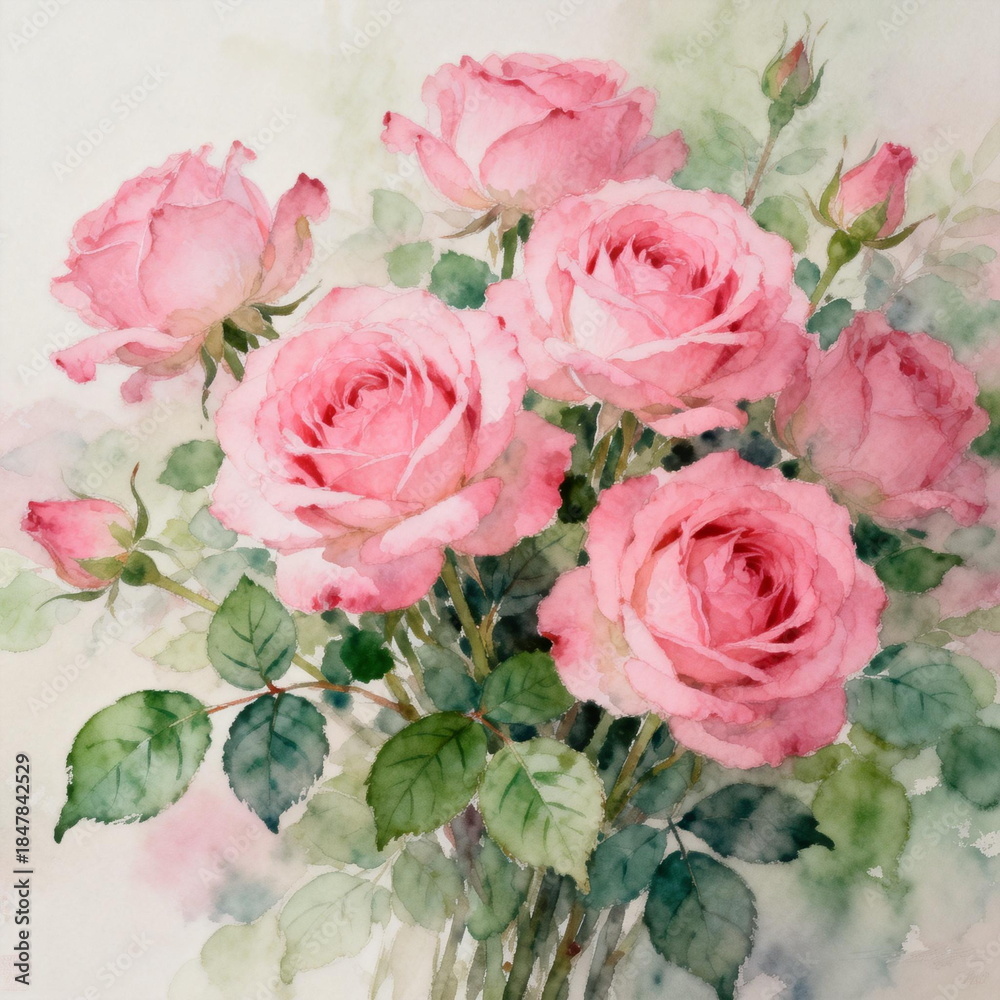 Fototapeta premium Watercolor Pink Roses Bouquet in Vase