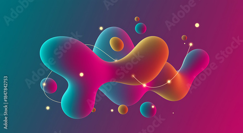 Abstract fluid shapes with vibrant gradient background, dynamic liquid blobs in motion, modern 3d rendering of organic forms and particles, futuristic digital art concept
