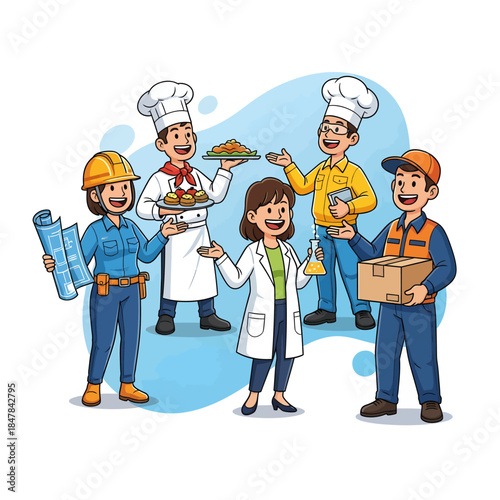 Diverse professionals in various occupations, showcasing a vibrant mix of careers and expertise in a lively illustration