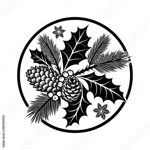 decorated with holly and pinecones silhouette logo vector line art logo design