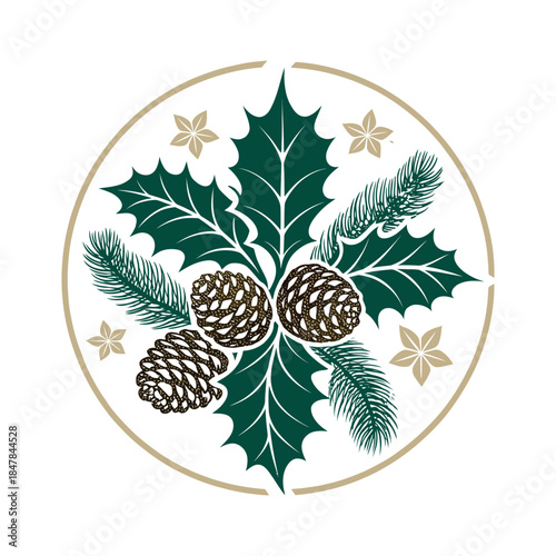 decorated with holly and pinecones silhouette logo vector line art logo design