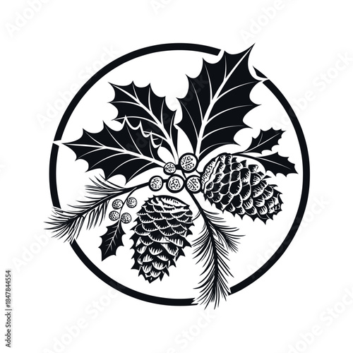 decorated with holly and pinecones silhouette logo vector line art logo design