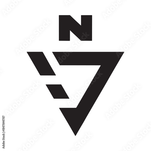 Abstract black and white graphic design featuring a stylized n and triangle