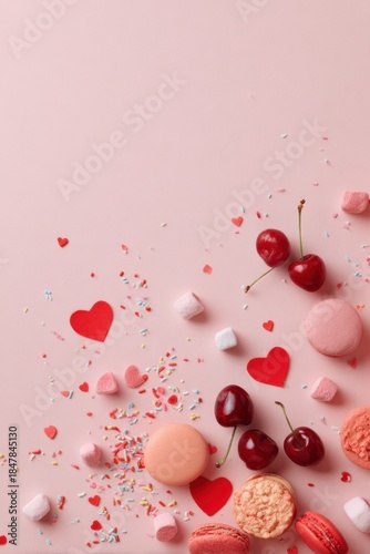 Bright red cherries, colorful candies, and sweet treats are arranged on a soft pastel pink surface. Small heart confetti adds fun to this minimalist Valentine's Day layout