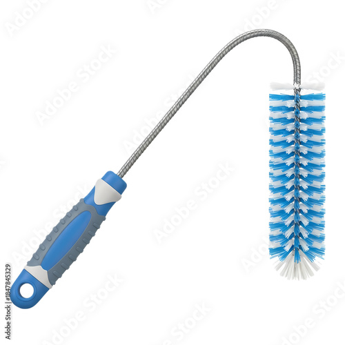 Flexible bottle cleaning brush with blue and white bristles and ergonomic handle for household cleaning tasks