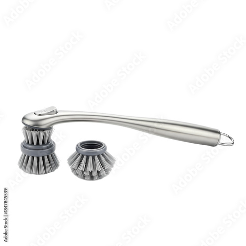 Stainless steel dishwashing brush with interchangeable scrubbing heads and ergonomic handle for kitchen cleaning tools