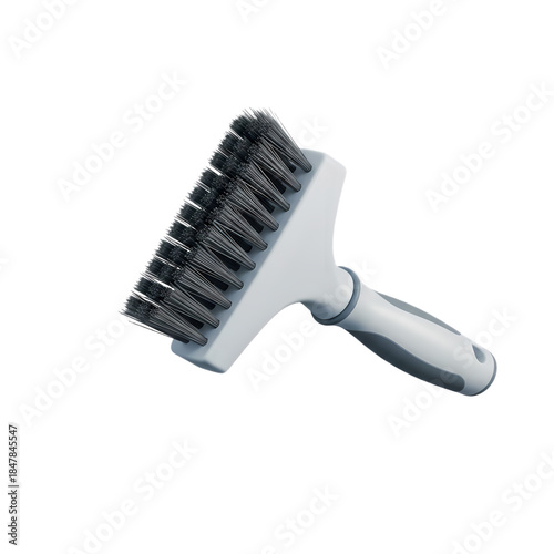 Small handheld cleaning brush with stiff dark bristles and ergonomic light gray handle for household tasks
