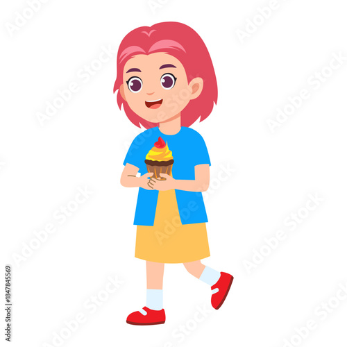 Cartoon Girl holding a cupcake,  birthday vector illustration