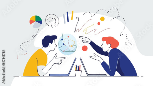 Vector illustration of two people brainstorming with globe and colorful design elements, for presentation or website