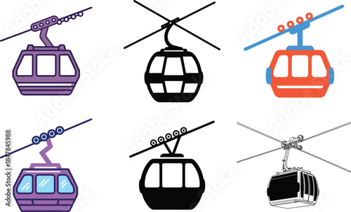 Collection of six different cable car icons in various styles