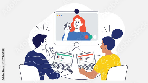 Two people waving at a woman on a computer screen during a remote collaboration with laptops and a monitor displaying a video call