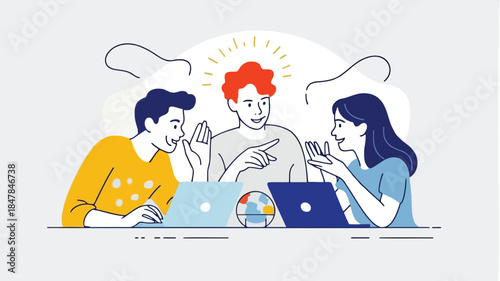 Vector illustration of diverse people brainstorming around laptops, globe on table, for presentation or website