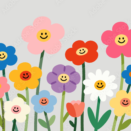 [Vector EPS]Colorful smiling flowers illustration with various shapes and colors