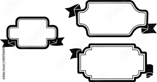 A set of three elegant black and white frames, each adorned with decorative side ribbons, providing stylish borders and presentation elements ideal for certificates.