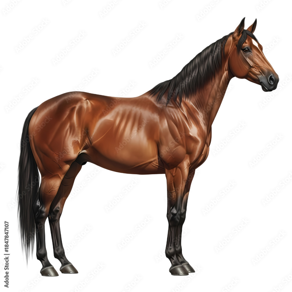 Obraz premium Stunning illustration of a muscular bay horse with black mane and tail standing proudly in profile against a transparent background for design projects