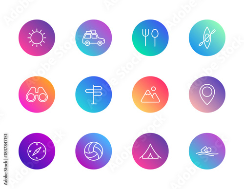 Travel, camping, outdoor adventure. Vector set of 12 round gradient icons featuring kayak, compass, tent, and sun for tourism, hiking, and nature UI design.