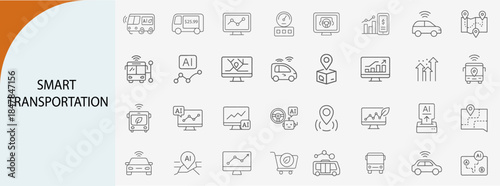 smart transportation icon set with ai mobility and urban infrastructure, minimal line vector design