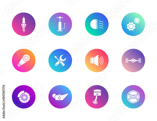Automotive parts, tools, mechanics. Vector set of 12 round gradient icons featuring spark plug, piston, steering wheel, and wrench for car repair, UI, and garage design.
